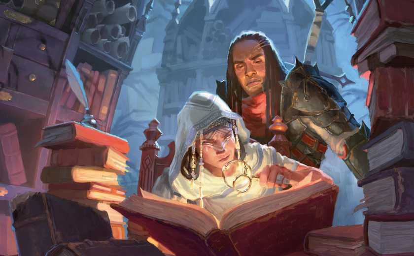 Cover art for Candlekeep Mysteries includes a pair of adventurers perusing forgotten tomes deep beneath Baldur’s Gate.