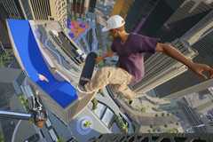 A skater jumps off a building in Skate.